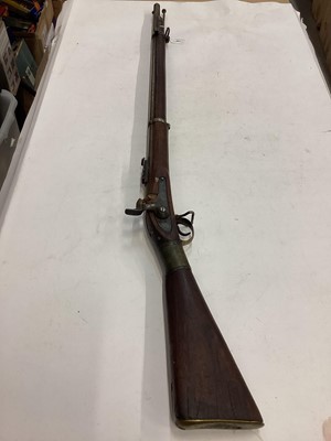 Lot 991 - 19th century two band Enfield military percussion rifle with ramrod, ladder rear sight, Indian copper wire binding to stock 122 cm overall