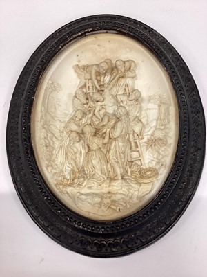 Lot 2561 - Oval plaster relief wall plaque depicting Jesus after the crucifixion, 38.5 x 31cm