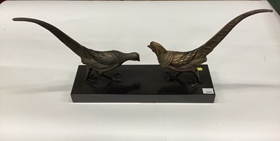 Lot 2562 - 1930's French Art Deco bronzed metal sculpture of a cock and hen pheasant, mounted on a marble base, 45.5cm in length.