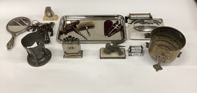 Lot 2563 - Group various items to include a Champagne tap in case, silver plated cigarette box with planished decoration, collection of keys and other items.