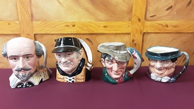 Lot 1391 - Collection of 13 Royal Doulton character jugs including William Shakespeare D6689, The Poacher D6429, and Yachtsman D6622 together with one other Lancaster Sandland jug (14)