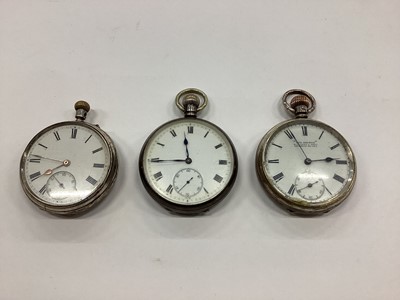 Lot 2571 - Three silver cased manual wind pocket watches with enamel dials