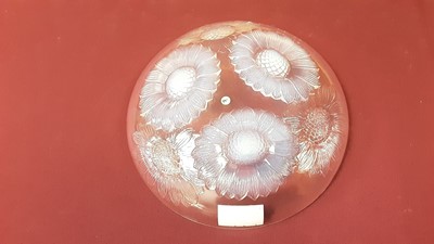 Lot 1392 - Rene Lalique opalescent glass Vernon pattern bowl with moulded Sunflower decoration, signed R Lalique, France, 21.5cm diameter