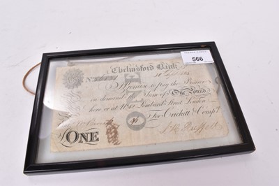 Lot 566 - G.B. - Provincial banknote Chelmsford Bank, Crickitt & Co. dated 30th September 1825 and framed VG-AF (1 banknote)
