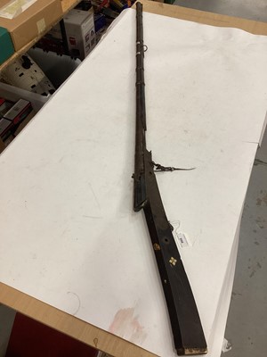 Lot 998 - Good quality 18th/19th century Indian jazel match lock musket with Persian design floral engraved decoration to barrel and side plates , steel ramrod, flared muzzle , some ivory inlay ( less than 1...
