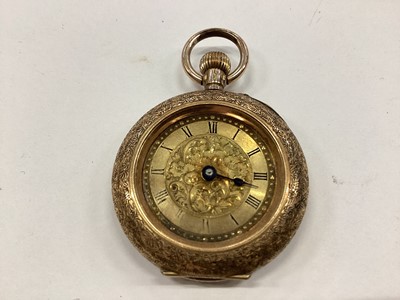 Lot 2574 - A 14k gold cased ladies fob watch signed Cuivre, with chased and enamelled decoration (runs but glass missing)