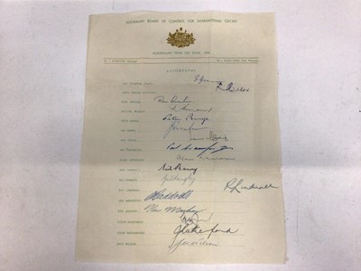 Lot 1510 - Official Australian Board of Control for International Cricket signatures of the entire touring team to England 1956 captained by Ian Johnson (seventeen signatures)