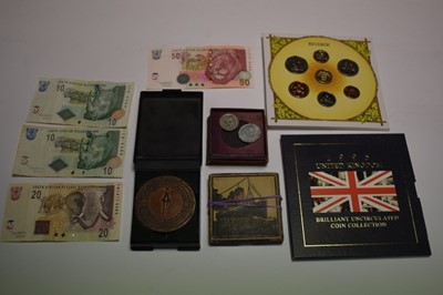 Lot 570 - World - Mixed coins, medallions and banknotes to include Royal Mint brilliant UNC sets 1987, 1995, medallions World War I RMS Lusitania 1915 in case of issue