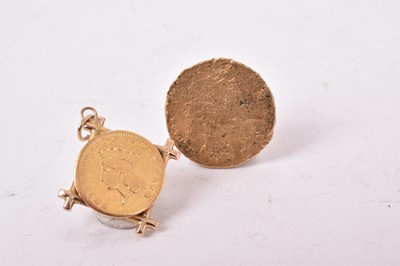 Lot 581 - World - G.B. - Gold Half Sovereign Victoria YH 1870 (N.B. Badly damaged with details almost obliterated) and United States gold Dollar 1889 soldered into 9ct gold mount (Total wt of 2 coins 7.1 gms