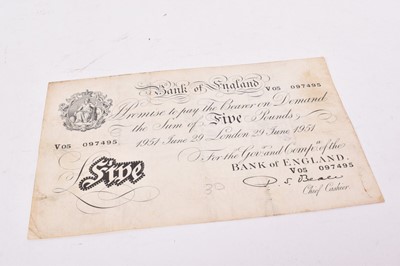 Lot 586 - G.B. - Black and white Five Pound banknote cashier P.S. Beale, London 29th June 1951, prefix 'V05' (N.B. Fold marked etc) otherwise GF (1 banknote)