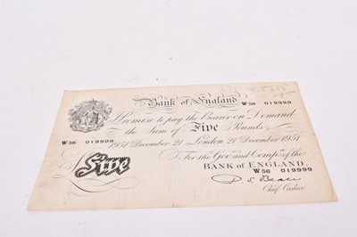 Lot 587 - G.B. - Black and white Five Pound banknote cashier P.S. Beale, London 10th July 1951, prefix 'V14' (N.B. Writing on reverse of note etc) otherwise AVF (1 banknote)