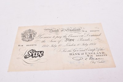 Lot 588 - G.B. - Black and white Five Pound banknote cashier P.S. Beale, London 12th November 1951, prefix 'W22' (N.B. Fold marked etc) otherwise AVF (1 banknote)