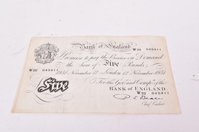 Lot 589 - G.B. - Black and white Five Pound banknote cashier P.S. Beale, London 21st December 1951, prefix 'W56' (N.B. Pencil marked etc) otherwise GF-AVF (1 banknote)