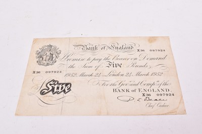 Lot 590 - G.B. - Black and white Five Pound banknote cashier P.S. Beale, London 24th March 1952, prefix 'X36' (N.B. Fold marked and stained) otherwise GF (1 banknote)