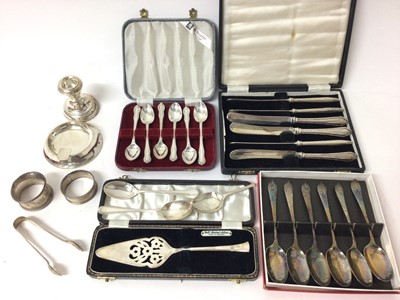 Lot 305 - Set of six Victorian silver teaspoons, (Birmingham 1896), together with another set of silver spoons in a fitted case, and other silver items (various dates and makers), 13ozs of weighable silver.