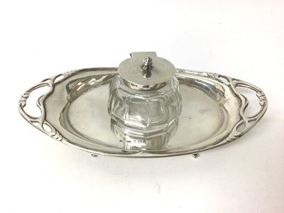 Lot 308 - Edwardian silver mounted cut glass inkwell, mounted on an oval stand (Birmingham 1904), maker Henry Matthews.