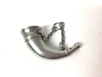 Lot 311 - Unusual Victorian white metal combination vinaigrette and whistle in the form of a hunting horn, the hinged end opening to reveal gilded interior, pierced grill and lozenge registration mark, as we...