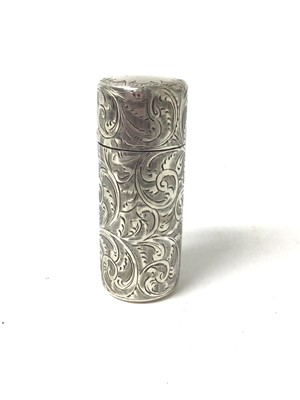 Lot 314 - Victorian silver scent bottle of cylinderical form with engraved decoration (Chester 1899), maker George Watts, 5.2cm in length.