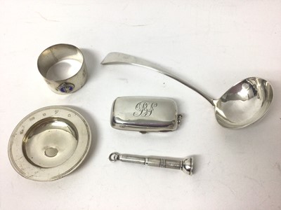 Lot 323 - Vintage silver cigar piercer (Birmingham 1974), together with a silver armada dish, stamp case, napkin ring and sauce ladle (various dates and makers)