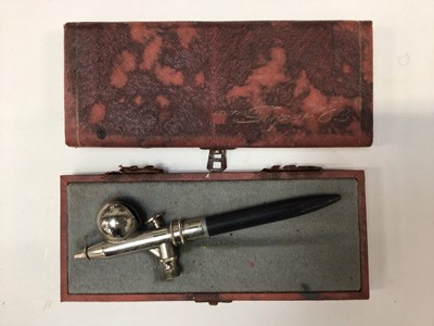 Lot 2593 - Aerograph air brush pen in case, collection of pin badges, miniature dolls house furniture and other items (1 box)