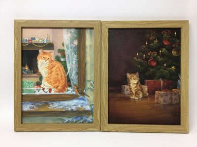 Lot 77 - A pair of oils on canvas of kittens at Christmas