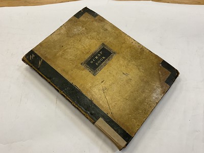 Lot 1517 - Large scrap book containing 18th / 19th century scraps, cuttings, engravings, lithographs, pen and ink drawings, fashion, satire, military, romance,views, art, caricatures, French Domaines nationau...