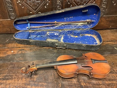 Lot 2254 - 19th century Continental violin, with two bows for restoration, with label for Copie de Giovanni Grancino in Contrada largh di Milano al Segno Della Corona 1721, cased
