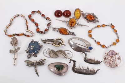 Lot 343 - Group of silver mounted amber jewellery and other silver/ white metal brooches