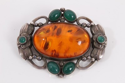 Lot 334 - Georg Jensen amber and green cabochon silver brooch, no 78, boxed