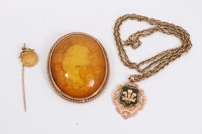 Lot 337 - 9ct rose gold enamelled fob on 9ct gold chain, 9ct gold mounted cameo brooch and gold 1 dollar coin stick pin