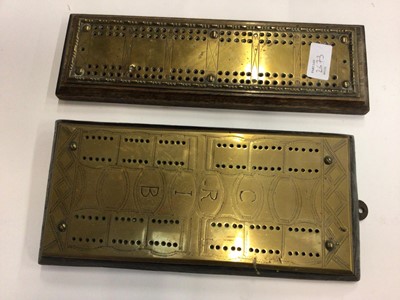 Lot 2673 - Three pairs of brass barley twist candlesticks, and two brass mounted cribbage boards