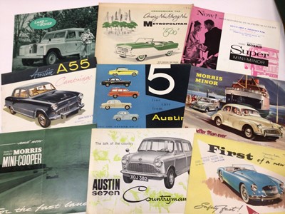 Lot 2027 - Collection of 1950s and 60s British car sales brochures including Land Rover, Austin, Mini Cooper, MGA, Jaguar XK150 (14)