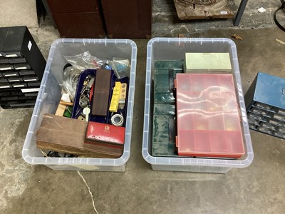 Lot 2681 - Large collection of watch and clock components and tools, including stacking drawers of pocket watch parts and various other items.