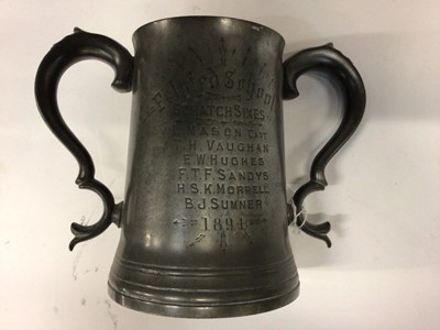 Lot 2677 - Local interest: Felsted School Scratch Six 1894 pewter trophy, together with other pewter and a plated claret jug