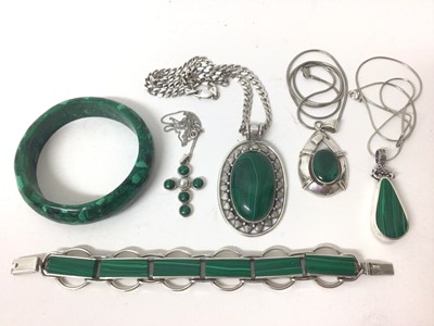 Lot 355 - Group of silver/ white metal mounted jewellery including four pendants on chains, panel bracelet and a bangle