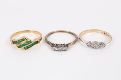 Lot 360 - 18ct gold emerald three row ring, diamond three stone ring and 9ct gold diamond ring in platinum setting (3)