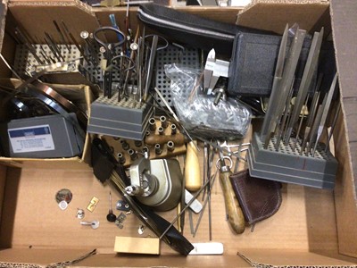 Lot 2696 - Box of various watchmakers precision tools and parts, clamps etc