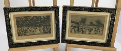 Lot 286 - Pair of late 19th century French black and white prints, promenading figures, in good decorative silvered and gilt ebonised frames, 21cm x 27cm overall