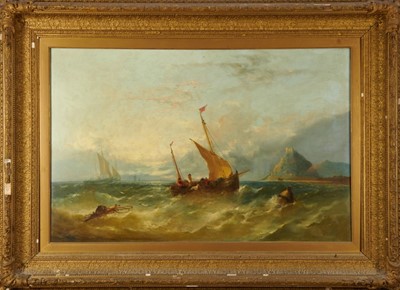 Lot 892 - William Henry Williamson (1820-1883) oil on canvas, Fishing Boats off the Coast, signed and dated 1864, 66cm x 102cm, in gilt frame