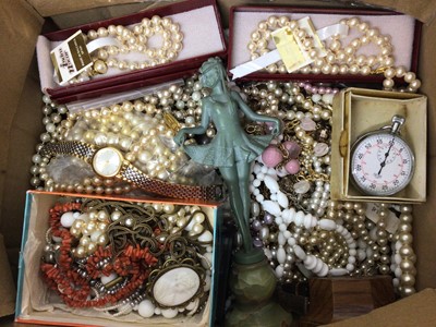 Lot 380 - Quantity of simulated pearl necklaces, gold plated chains, other costume jewellery, silver plated cigarette box and other bijouterie