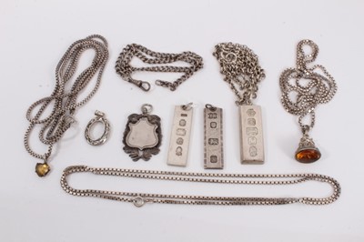 Lot 388 - Various silver chains, three silver ingots, other fobs and pendants