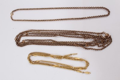 Lot 390 - 9ct gold chain interspaced with faceted oval gold beads, 77cm long, Victorian guard chain interspaced with faceted round beads and one other chain (3)