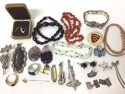 Lot 397 - Vintage 'cherry amber' bead necklace, Australian bolder opal and silver mounted pendant, David Andersen silver and enamel brooch, two Blue John pendants, various silver brooches, coral necklace and...