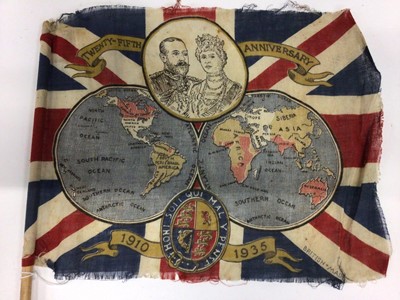 Lot 2701 - Two patriotic Union Jack flags, one printed for the Silver Jubilee of George V, the other with an image of a young Princess Elizabeth and Princess Margaret (2)