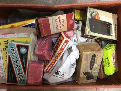 Lot 2707 - Two boxes of vintage tins and packages (2 boxes)