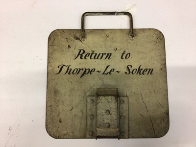 Lot 2712 - Local interest- Vintage Railway sign with old paper labels, painted returned to Thorpe - Le -Soken on reverse, 33cm in height.
