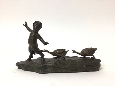 Lot 198 - Ruffino Besserdich - late 19th century bronze sculpture of a faun being chased by geese, signed. 19cm.