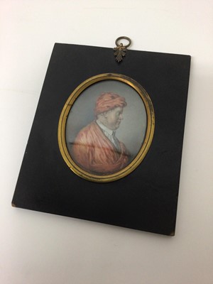 Lot 201 - A 19th century portrait miniature of Dr. Henry Pemberton (1694-1771), in ebonised frame, the portrait measuring 8.5cm x 7cm
