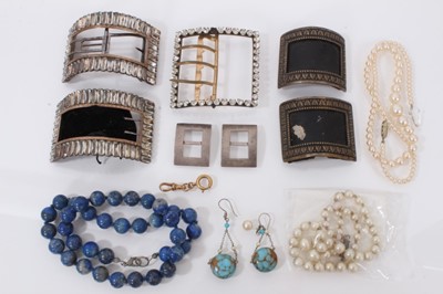 Lot 468 - Pair of Georgian paste-set shoe buckles, other antique buckles, lapis lazuli bead necklace and costume jewellery