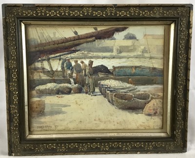 Lot 78 - Ernest Dade (1868-1936) watercolour - Fisherfolk at the Harbourside, signed, 18cm x 23cm, in glazed frame